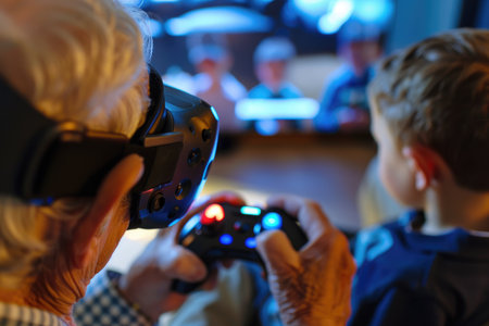 Virtual Reality Gaming: Grandfather and Grandson Bonding with VR Controller in Hand