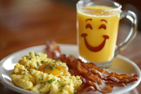 Smiling Egg Breakfast with Orange Juice, Happy Morningの写真素材