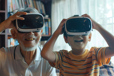 Generational Bonding: Grandfather and Grandson Smiling After VR Gaming Session
