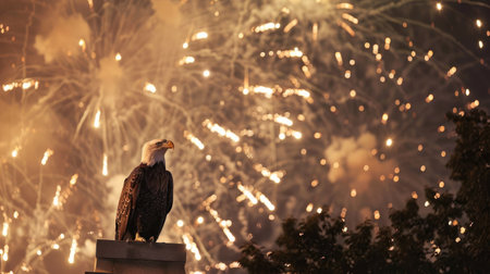 Majestic Bald Eagle on Heroic Monument with Fireworks at Night - Symbol of American Patriotism and Historyの写真素材