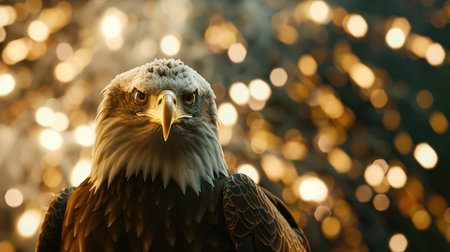 Majestic Bald Eagle with American Flag on Branch Amid Fireworks Display, Symbolizing Power and Patriotismの写真素材