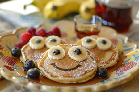 Happy Breakfast Stack with Syrup and Berries, Pancake Smilesの写真素材