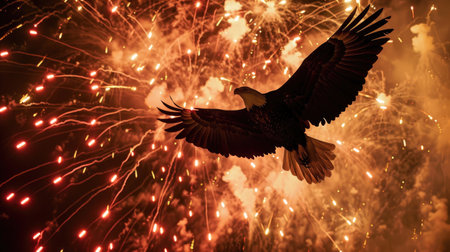 Majestic Bald Eagle Soaring Over American Flags with Fireworks Display in Patriotic Sceneの写真素材
