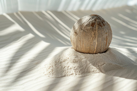 Serene Coconut on White Sand with Copy Space for Natural Beauty Promotion