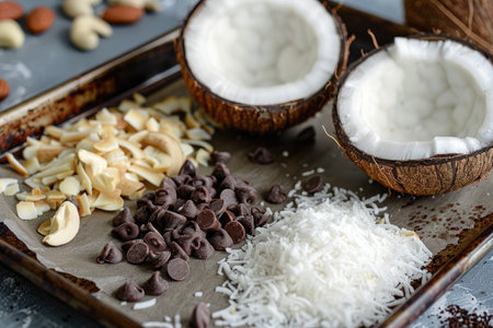 Craving Coconut Creations - A Split Coconut with Chocolate Chips, Nuts, and Dried Fruits on Baking Sheetの写真素材
