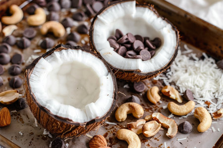 Tempting Homemade Coconut Treat Ingredients Ready for Baking on a Sheetの写真素材