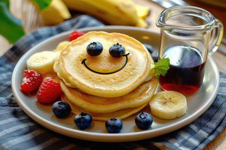 Happy Breakfast Stack with Syrup and Berries, Pancake Smilesの写真素材