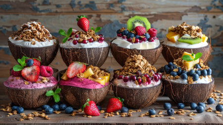 Vibrant Coconut Bowl Smoothie and Granola Spread on Rustic Table - Healthy Eating and Aesthetically...