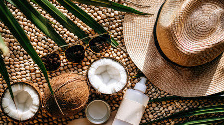 Tropical Escape - Flatlay of Travel Essentials on Beach Mat with Sunglasses, Sunscreen, Hat, and...