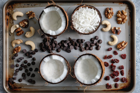 Coconut Delight - A Feast for the Senses with Chocolate Chips, Nuts, and Dried Fruits on Baking Sheetの写真素材