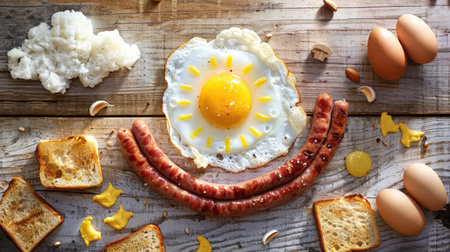 Playful Egg and Sausage Train on Toast Track, Breakfast Expressの写真素材