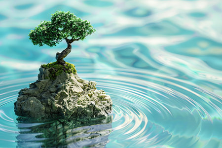 Lilliputian Bonsai Bliss: Intricate 3D Tree on Miniature Island Surrounded by Radiating Blue Water Linesの写真素材