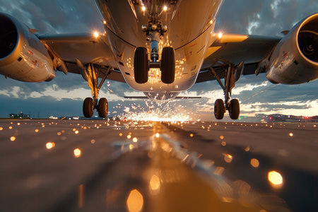 Majestic Arrival: Cargo Plane Touching Down with Sparks on Runwayの写真素材
