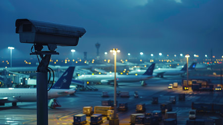 Secure Skies: Surveillance Camera Monitoring Airfreight Terminal with Aircraft in the Distanceの写真素材