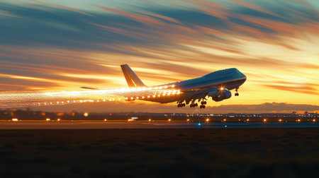 Speedy Air Cargo Transport: Cargo Plane Taking Off at Twilight with Light Streaksの写真素材