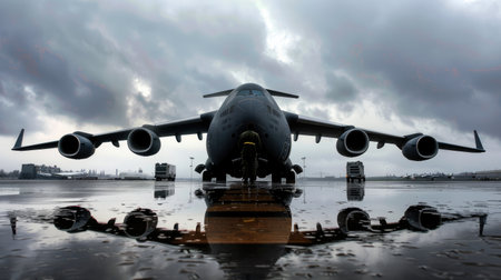 Silhouetted Ground Crew Member Performing Pre-flight Checks on Massive Cargo Plane