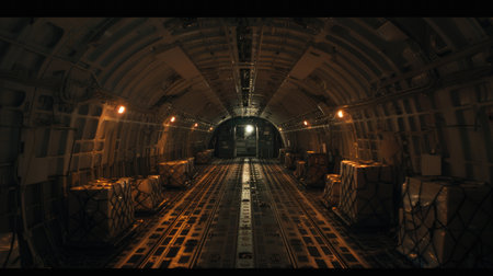 Dimly Lit Cargo Plane Interior: Organized Airfreight Operations