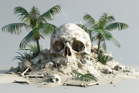Mystical Skull Island: Abandoned Treasure Chest on Sandy Shore with Palm Trees and Bonesの写真素材