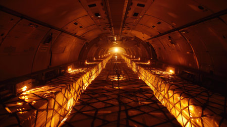 Efficient Organization in Airfreight Operations - Cargo Plane Interior Illuminated by Inspection Lampの写真素材