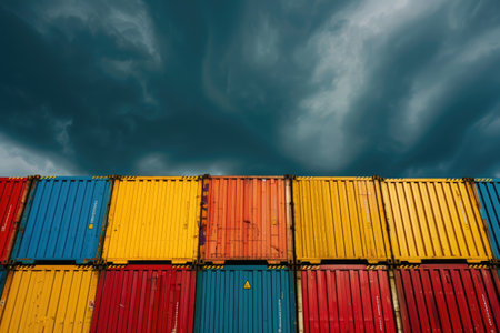 Seamless Global Logistics: Colorful Cargo Containers Stacked Under Dramatic Sky for Air Freight Loadingの写真素材