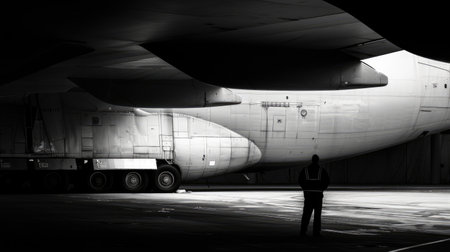 Standing Tall: Ground Crew Member Silhouetted Next to Enormous Cargo Plane During Pre-flight Checks