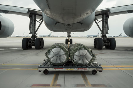 Scale of Global Trade: Massive Cargo Plane Wheels Towering Over Loaded Trolley