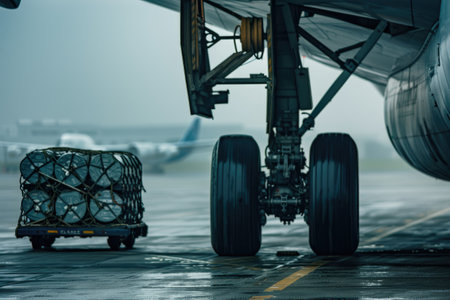 Towering Cargo Transport: Scale of Global Trade Showcased by Loaded Luggage Trolley and Plane Wheelsの写真素材