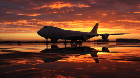 Solitary Cargo Plane Silhouetted at Sunset on Tarmac Reflecting Last Light