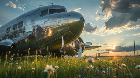 Vintage Cargo Plane Bathed in Sunlight on Grassy Airfield: Nostalgic Airfreight Historyの写真素材