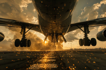 Thrilling Arrival: Cargo Plane Touching Down with Sparks on Airport Runwayの写真素材
