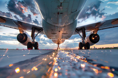 Powerful Arrival: Cargo Plane Landing with Sparking Undercarriage in Dramatic Low-Angle Shotの写真素材