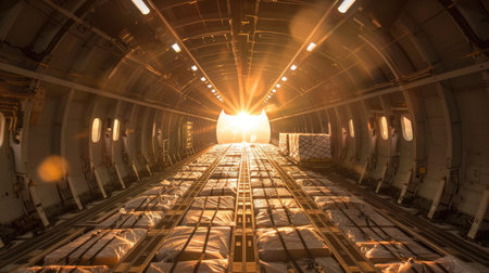 Illuminated Cargo: Sunlit View of Secured Packages in Open Plane Bay Ready for Takeoffの写真素材