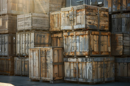 International Cargo: Weathered Wooden Crates with Shipping Labels on Sunlit Tarmacの写真素材