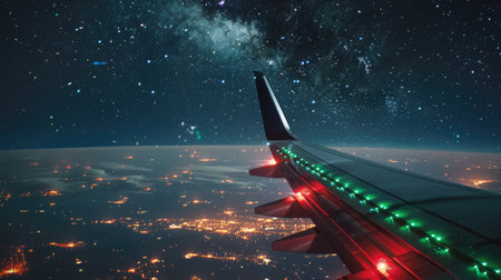 Night Flight: Cargo Plane Wing Under Starry Sky Signifying Long Journeys of Airfreight Crewsの写真素材