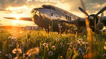 Nostalgic Charm of Vintage Cargo Plane in Sunlight on Grassy Airfieldの写真素材