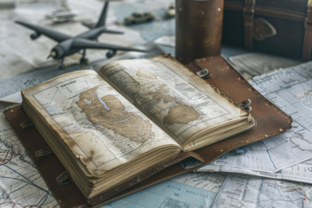 Aviation Journey: Worn Leather Flight Logbook with Miniature Model Planes and Navigational Charts on Tableの写真素材