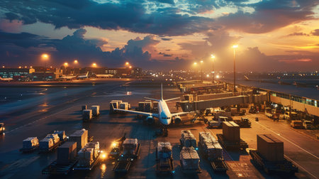 Twilight Bustle at Airport Cargo Terminal with Floodlit Aircraft Loading Sceneの写真素材