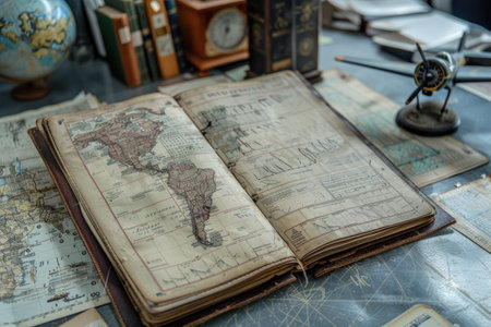 Aviation Adventure: Close-up of Worn Leather Flight Logbook Surrounded by Miniature Model Airplanes and Navigationalの写真素材