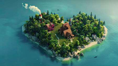 Heart of Textures: Enchanting Island Landscape with 3D Rendered Beaches, Forests, and Rocky Cliffsの写真素材