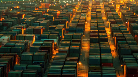 Industrial Symmetry: Rows of Stacked Cargo Containers Under Sodium Lamps at Airfreight Hubの写真素材