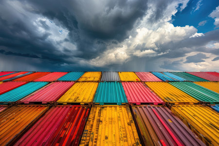 Global Air Freight: Colorful Cargo Containers Stacked Beneath Dramatic Skyの写真素材