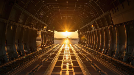 Illuminated Cargo: Sunlight Breaking Into Aircraft Bay, Preparing Freight for Departure in a Transporter Plane,の写真素材
