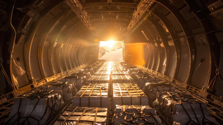 Illuminated Cargo Bay of a Plane with Rows of Packages - Conceptual Image of Air Freight Logisticsの写真素材