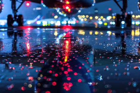 Illuminated Night Scene: Cargo Plane Taxiing on Rain-Streaked Tarmacの写真素材