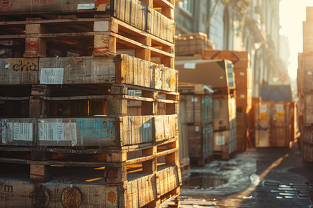 Global Freight Delivery: Weathered Wooden Crates with International Shipping Labels on Sunlit Tarmacの写真素材
