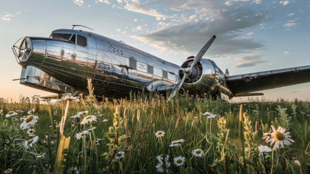 Vintage Cargo Plane on Grassy Airfield: Nostalgic Reflections of Airfreight Historyの写真素材