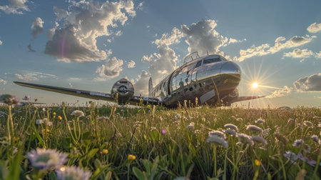 Vintage Cargo Plane in Sunlight on Grass Airfield - Nostalgic Airfreight Historyの写真素材