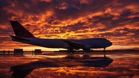 Majestic Silhouette of Cargo Plane Against Fiery Sunset on Tarmac