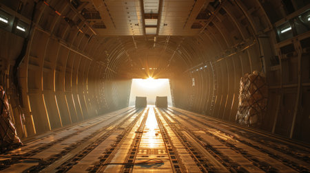 Cargo Ready for Transport: Sunlit Cargo Plane Bay with Rows of packages, Ready for Takeoffの写真素材