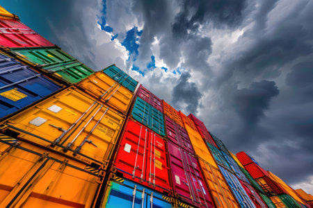 Global Air Freight Logistics: Colorful Cargo Containers Stacked Under Dramatic Sky